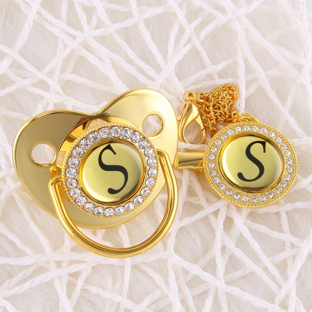Handmade Bling Gold Baby Pacifier Chain Clip 26 Alphabet Shimmer Crystal Newborn Pacifier Silicone Nipple Orthodontic Soother