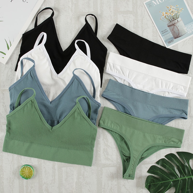 2Pcs Bra Set Underwear Set Women Panties Sexy G-String Seamless Bralette Female Lingerie Soft Tank Crop Top 2023 New