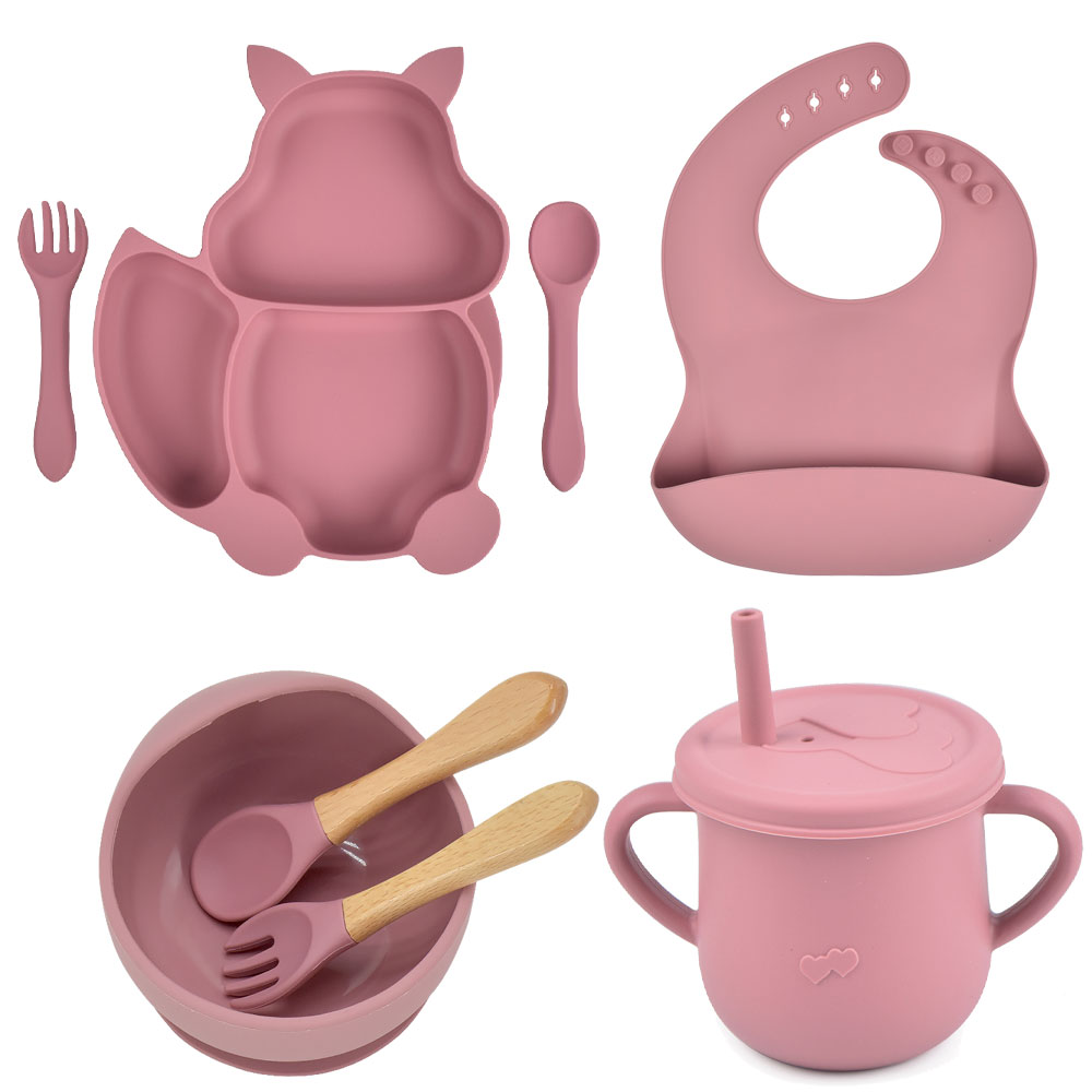 8PCS/Set Baby Silicone Sucker Bowl Plate Cup Bibs Spoon Fork Sets Children Non-slip Tableware Baby Feeding Dishes BPA Free