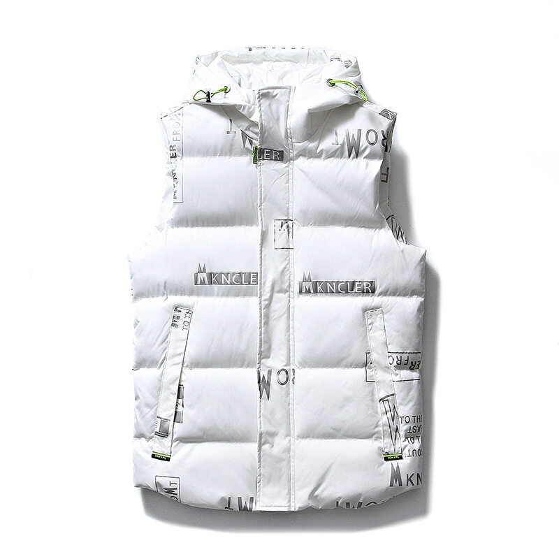 Korean Fashion 2021 Winter Men Hooded Vest Warm Thicken Sleeveless Handsome Student Coat Loose Zipper Letter Printed