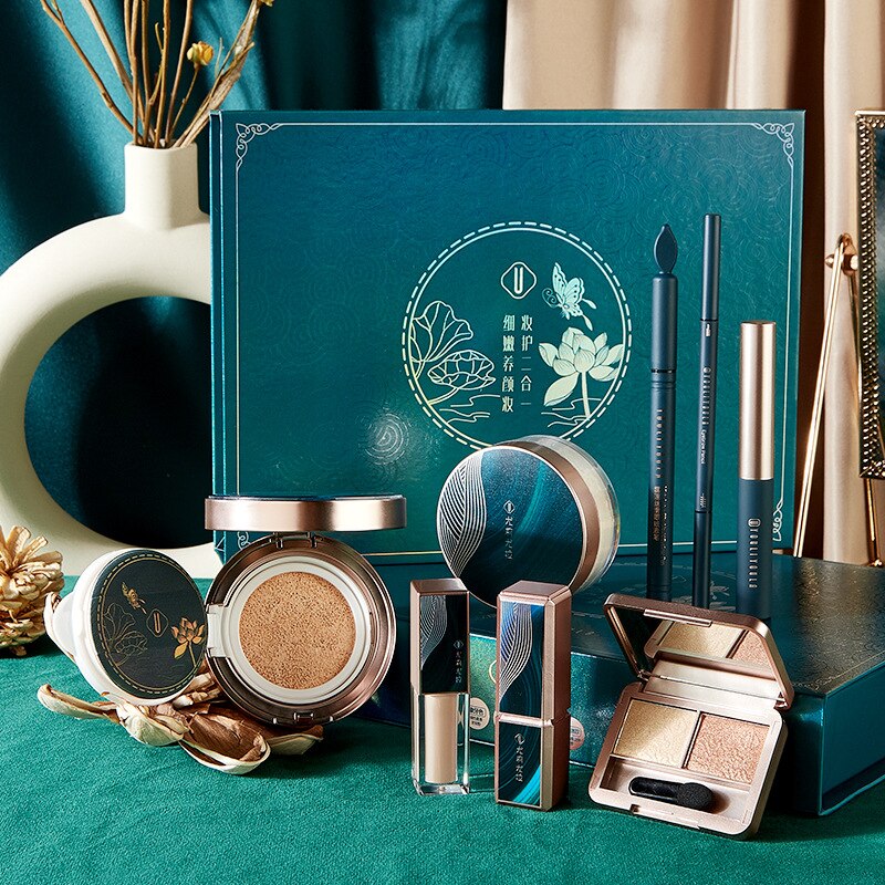 Sdattor Makeup Cosmetic Set Oriental Beauty Lotus Pond Moonlight Gift Box Velvet Lipstick Ivory Concealer Eyeshadow Setting Powd