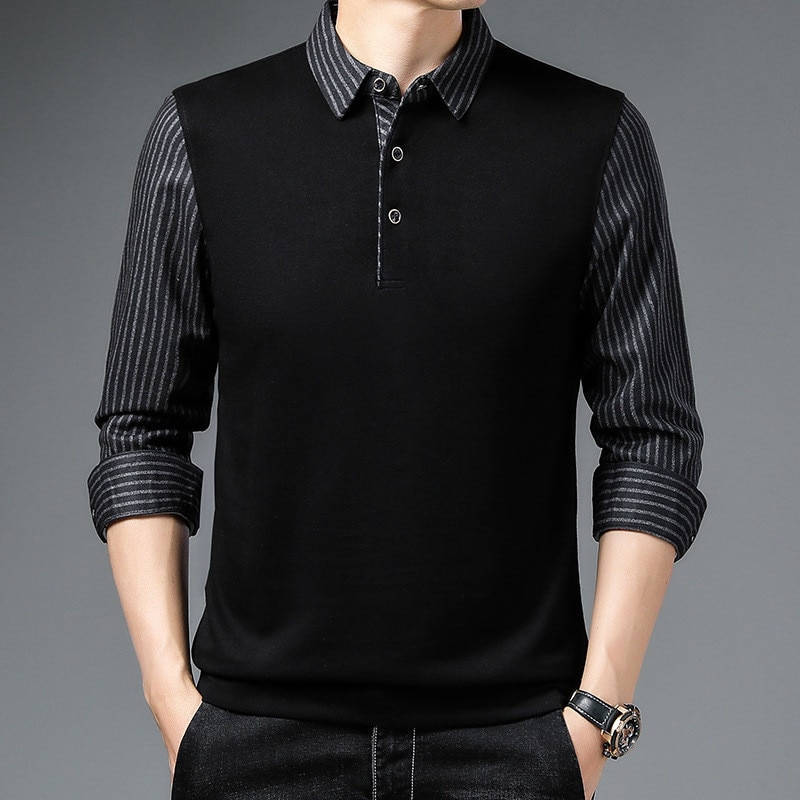 New Fashion Men Striped Polo Shirts for Men Solid Color Casual Designer Long Sleeve Tops Button Collar Men's Clothing 2022