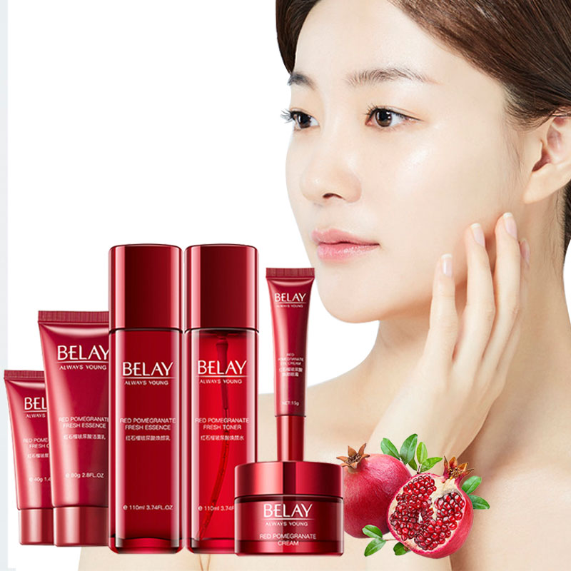 Sdattor Skin Care Set Moisturizing Nourish Brighten Oil Control Beauty Red Pomegranate Hyaluronic Acid Six-piece Set Facial Skin