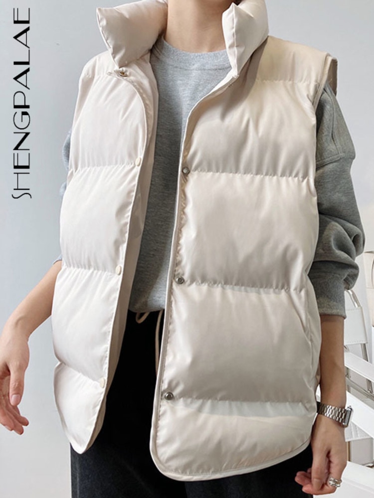 SHENGPALAE Fashion Contton Vest Women's 2023 Spring Stand Collar Single Breasted Sleeveless Loose Solid Color Waistcoat 5E4841