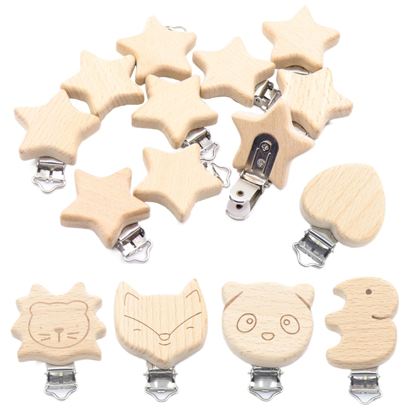 5Pcs/Sets Baby Pacifier Clips BPA Free Cute Modelling Beech Pacifier Clip Baby DIY Cartoon Animal Wooden Log Nipple Chain Holder
