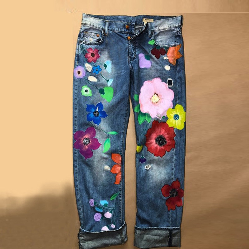 Streetwear Ladies Pants High Waist  Retro Blue Casual Printed Flower Women's Wahed Straight Leg Mom's Work Jeans