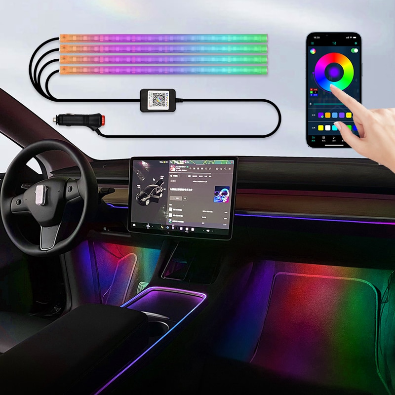 48 LED Car Interior Ambient Foot Light with USB Wireless Remote Music App Control Auto RGB Atmosphere Decorative Lamps