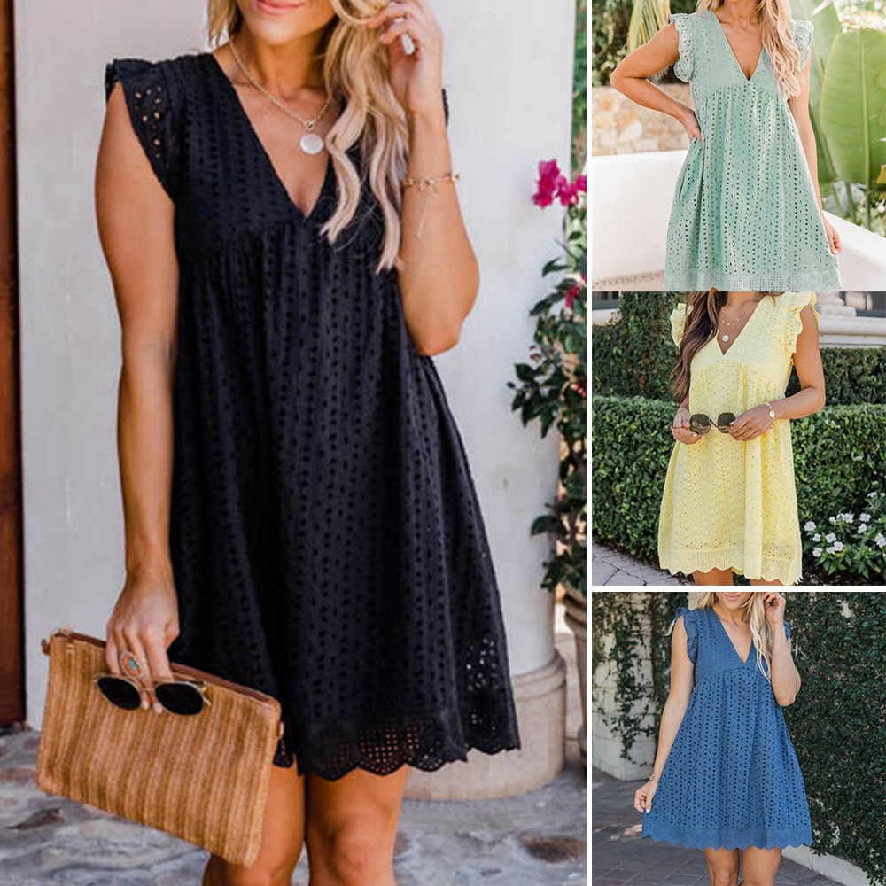 Summer V-neck Cotton Short Skirt Solid Color Dress California Romper for 2022 Pleated Skirt Casual Clothes Fashion