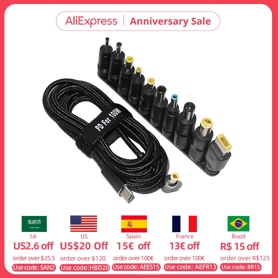 100W Type C Dc Power Adapter Jack Connector USB Type C to Universal Fast Charging Cable Cord for Lenovo Asus Hp Acer Laptop