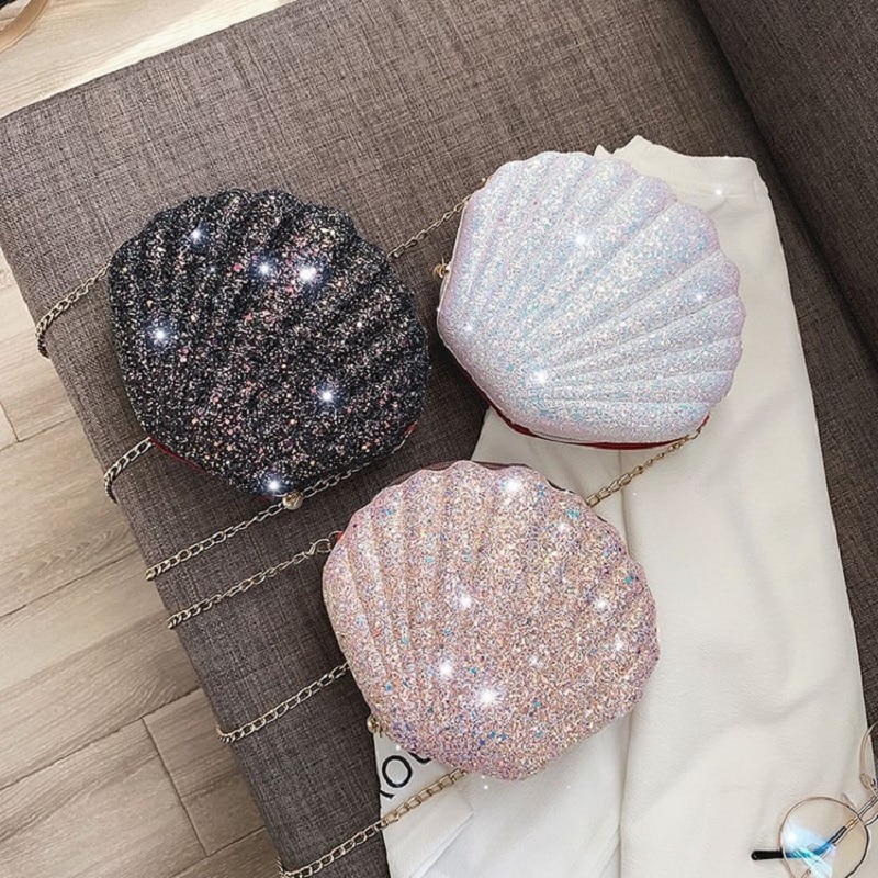 Women Shoulder Handbags Shell Bag Chain Cute Sequins Small Bag Phone Money Pouch Zipper Crossbody Bags for Women Bolsa Feminina