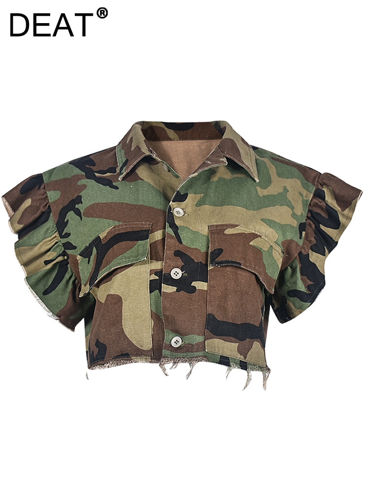 DEAT Fashion Women Jacket Turn-down Collar Butterfly Sleeve Single Breasted Camouflage Print Short Coat Spring 2023 New 17A7035