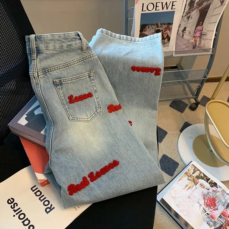 Y2K Women Vintage Streetwear Korean Embroidery Baggy Blue Cargo Jeans High Waist Straight Wide Leg Pants Denim Trousers Clothes
