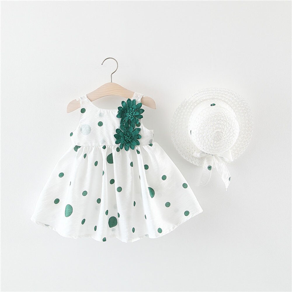 Dot Flower Decorative Infant Baby Dress Cotton Sleeveless Girl Baby Dresses Summer Clothing Newborn Toddler Dresses+Sunhat Set