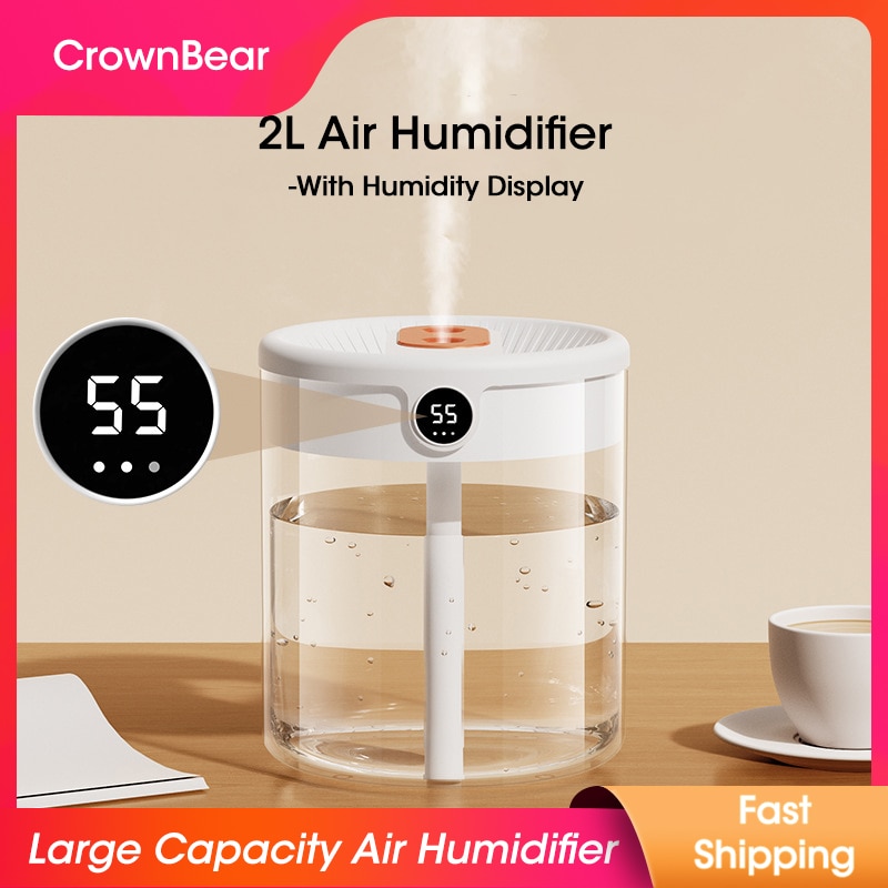 2L Air Humidifier Large Capacity With LCD Humidity Display Night Light Double Nozzle Aroma Essential Oil Diffuser For Home Offic