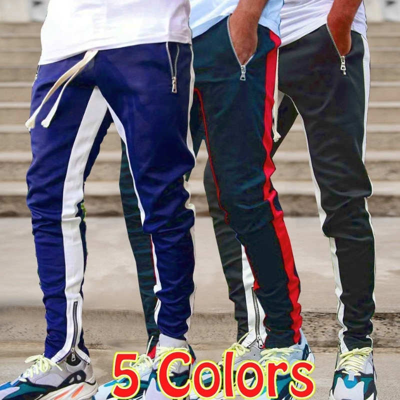 Mens Joggers Casual Pants Fitness Sweatpants Sports Track Pants Mens Zipper Drawstring Pants Black Gyms Trousers