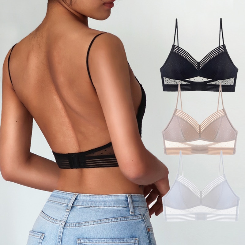 Women Invisible Lace Bra Sexy Deep U Backless Bralette New Summer Ultra Thin Polka Dot Mesh Brassiere Lingerie Tank Top