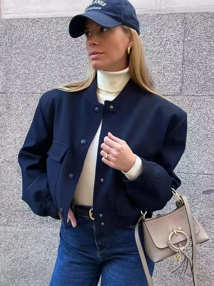 Casual Dark Blue Bomber Jacket Spring Women Fashion Single Breasted Cropped Outerwear Ladies Chic Street Pocket Coat Spring