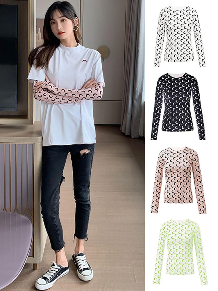 Spring Summer Women Ice Silk T-shirts Lady Casual Round Neck Long Sleeves Print Sexy Skinny Top Girl T-shirts 24 Color S-XL Size