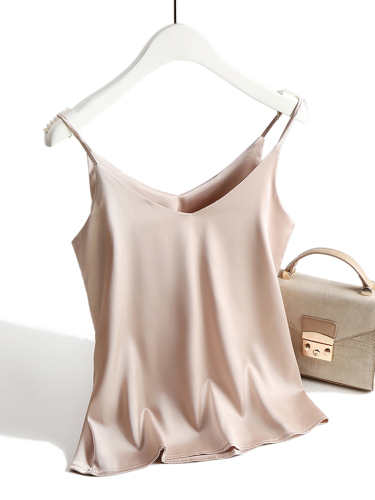 AOSSVIAO 2023 Spaghetti Strap Top Women Halter V Neck Basic White Cami Sleeveless Satin Silk Tank Tops Women'S Summer Camisole