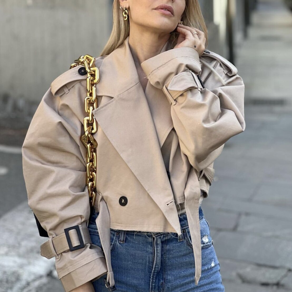 PTYSIC Women Vintage Oversize Cropped Trench Coat Long Sleeves With Tabs Belt Double Breasted Button Coat Jacket