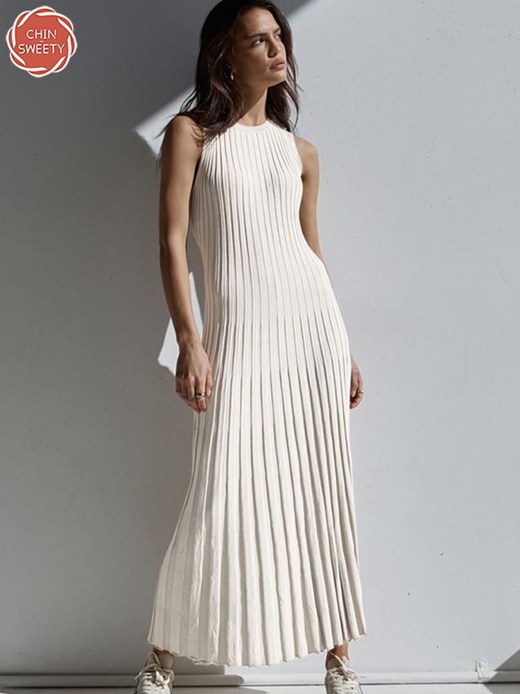 Sleeveless A-Line knitting Women Dress O-Neck Solid Elegant Slim Pleated Female Vestidos 2023 Summer Casual Dresses For Woman