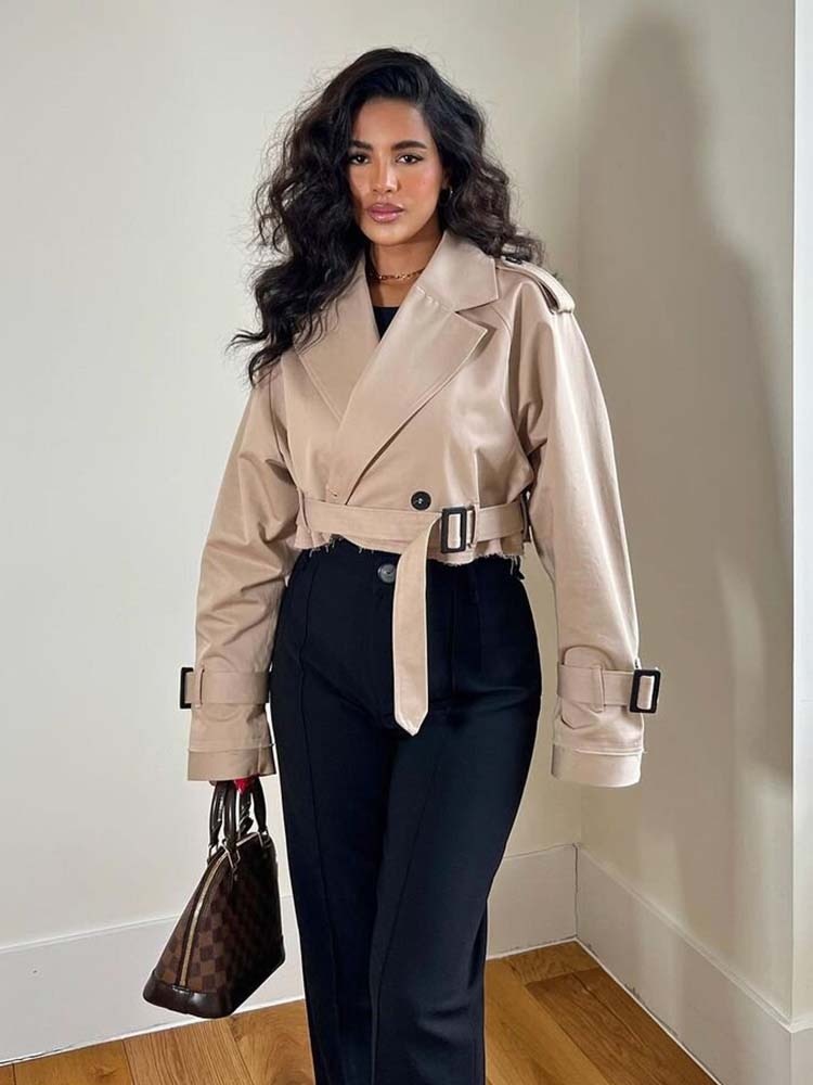 TRAF Women Coats Fashion With Belt Spring Crop Jackets Coat Vintage Long Sleeve Casual Street Female Outerwear Chic Tops