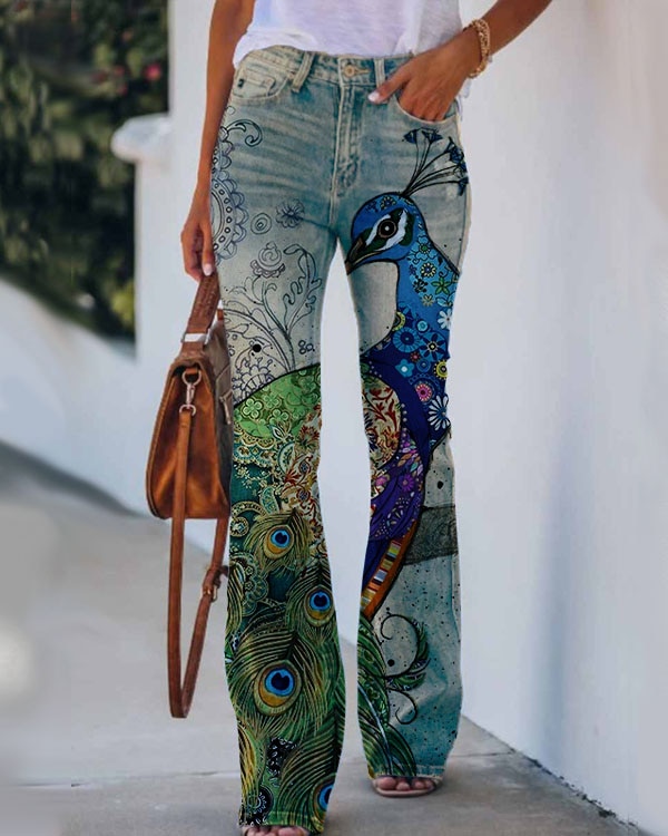New Faux Jeans Leggings Women Peacock 3D Print Y2K Blue Jeggings Plus Size  Female Casual Pencil Pants Straight wide leg jeans