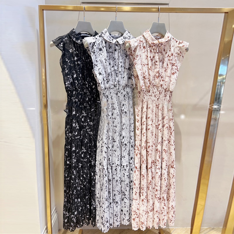Kuzuwata Japan Style Flying Sleeve Floral Vestidos De Mujer Sweet Pleated Slim Waist Women Dress 2023 Chiffon Polo Neck Robe
