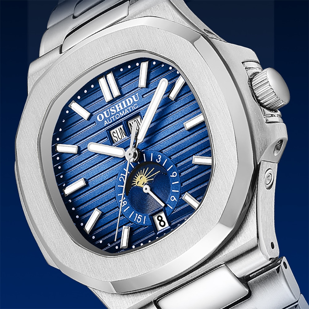 Mens Watches Automatic Mechanical Blue Dial Military Fashion Tourbillon Date Display Stainless Steel Strap Sport Watches Clock