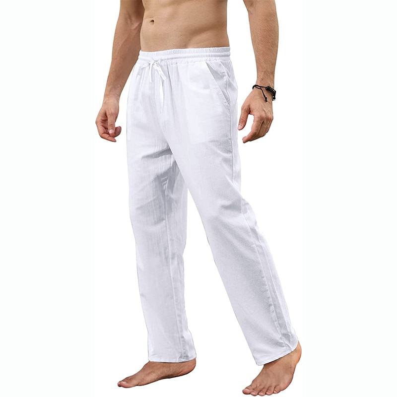 Men's Cotton Linen Pants Loose Spring Casual Pants Male Breathable Solid Color Full Length Drawstring Jogger Yoga Linen Trousers