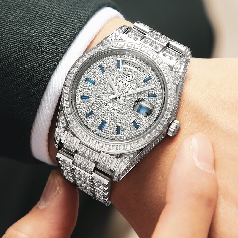 Diamond-studded men's watch automatic mechanical watch official authentic Gypsophila men's watch  golden watch reliable quality