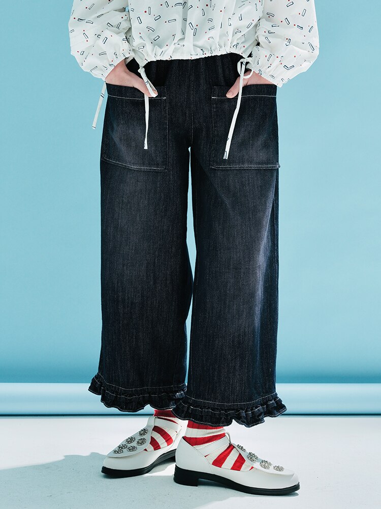 Imakokoni's original design spring new elastic waist jeans pure cotton ruffle casual straight loose pants women's wear 233984