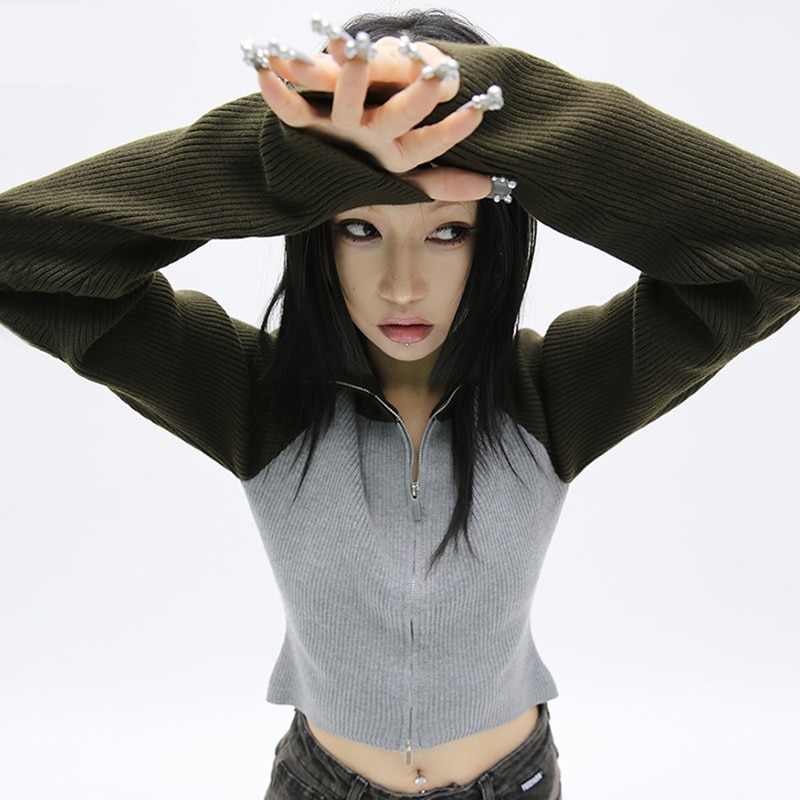 Korean Women Acubi Streetwear Vintage Cyber Y2K Jackets Aesthetic Knitwear Cardigan Oversizer Coats Harajuku Zip Up Tops Clothes