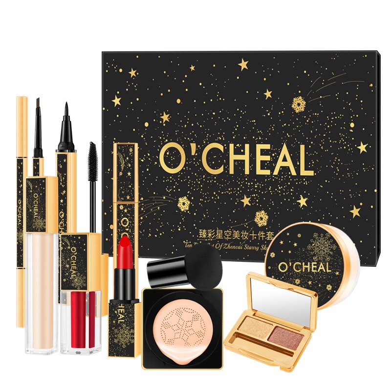 Sdattor Starry Sky Beauty Makeup Cosmetics 10Pcs Gift Box Set Mushroom Air Cushion Setting Powder Lipstick Highlighter caja mist