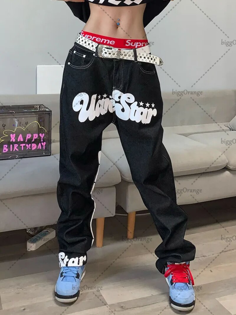 2023Retro star letter printed jeans Harajuku casual fashion straight wide-leg pants women high street hip-hop mopping pants