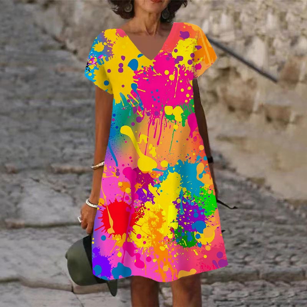 2022 summer casual women's painted print A-line dress knee-length dress V-neck loose women's new blue red purple