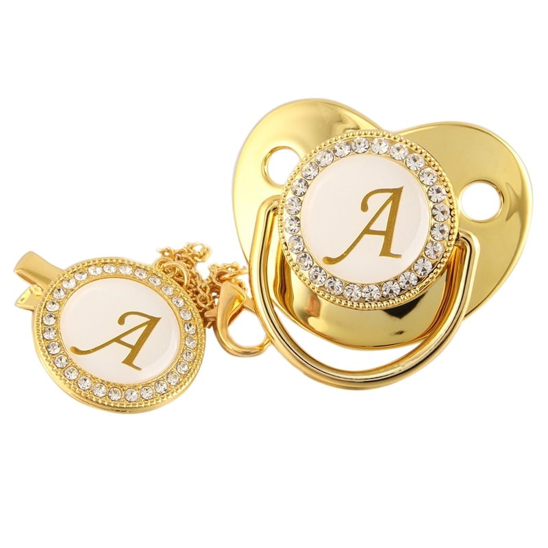 Name Initial Letter Baby Pacifier and Pacifier Clips BPA Free Silicone Infant Nipple Gold Bling Newborn Dummy Soother