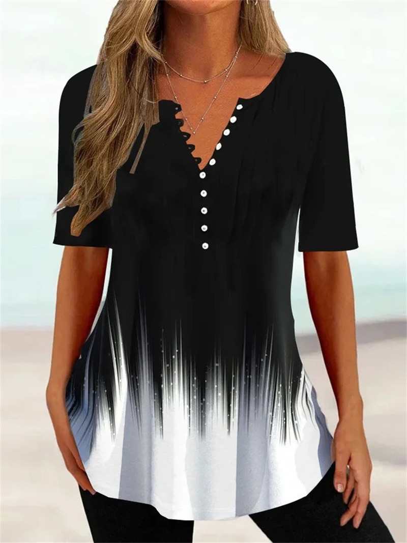 Summer Elegant Button Splicing V Neck T-Shirt Female Print Loose Short Sleeve Tops Women's Pullover Tees Daily Casual Streetwear