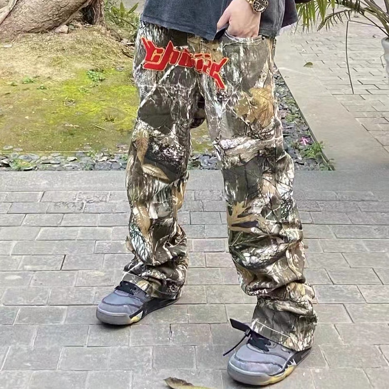 Letter Towel Embroidery Leopard Streetwear Mens Casual Trousers Pacthwork Pockets Striaght Oversized Loose Track Pants