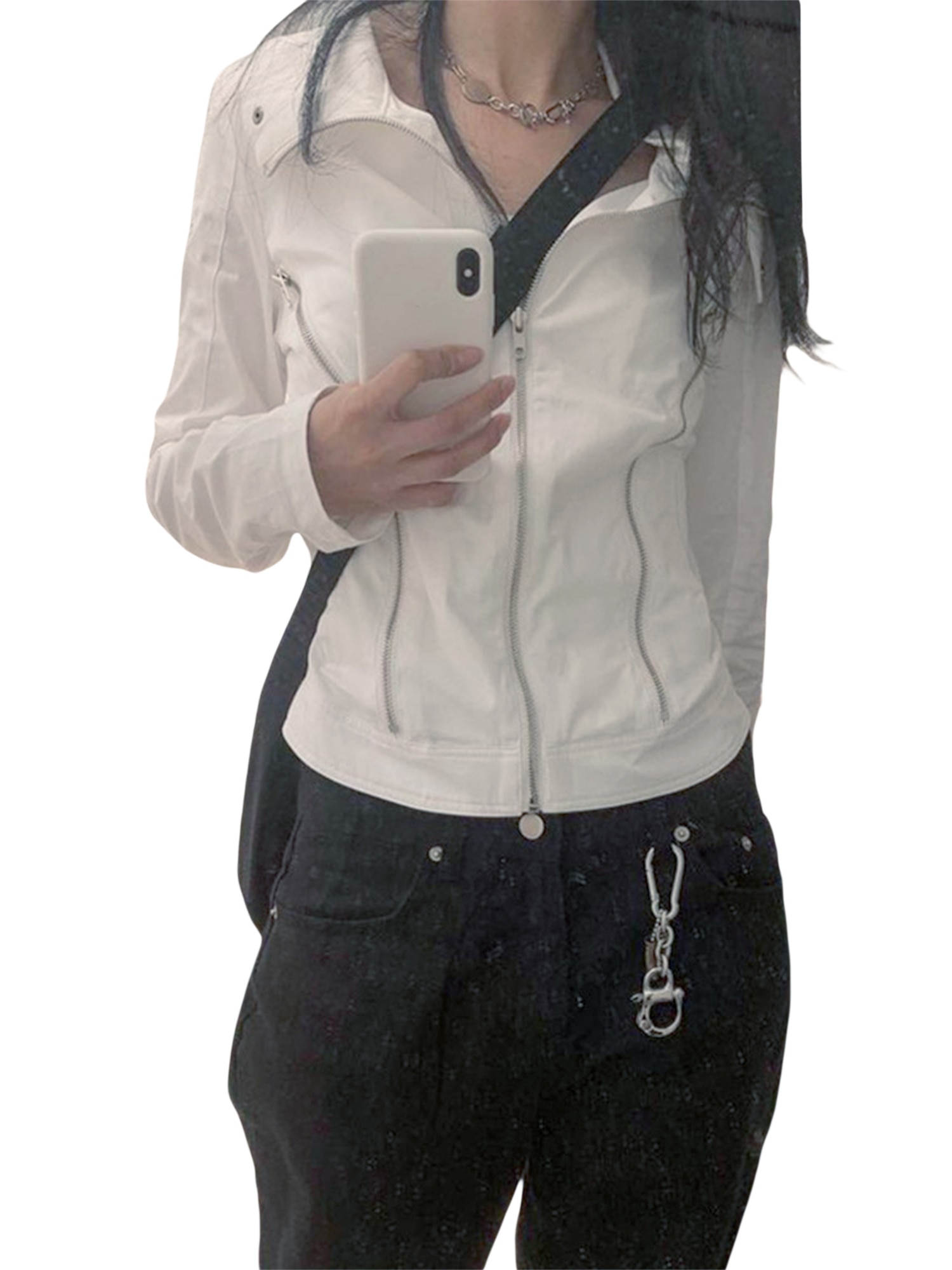 Women Casual Jacket Vintage Long Sleeve Stand Collar Zipper Closure Solid Cool Fall Outwear