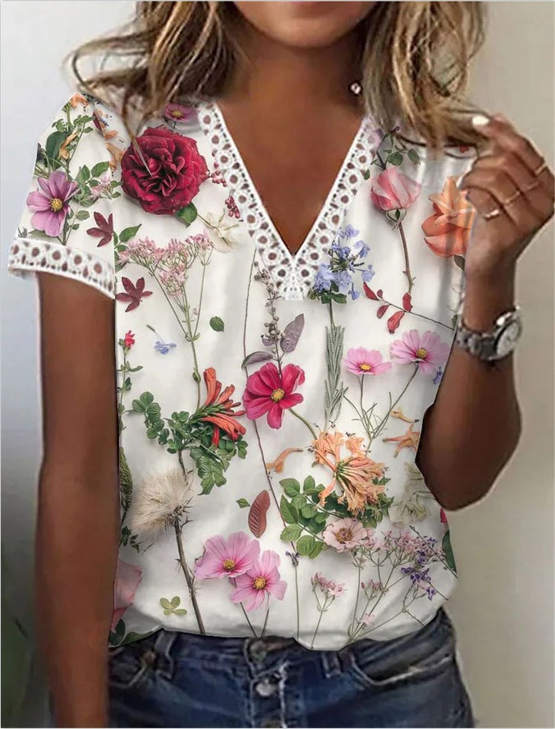 Summer Lace Splicing V Neck T-Shirt Female Elegant Print Sweet Style Short Sleeve Tops Daily Women's Pullover Loose Casual Tees