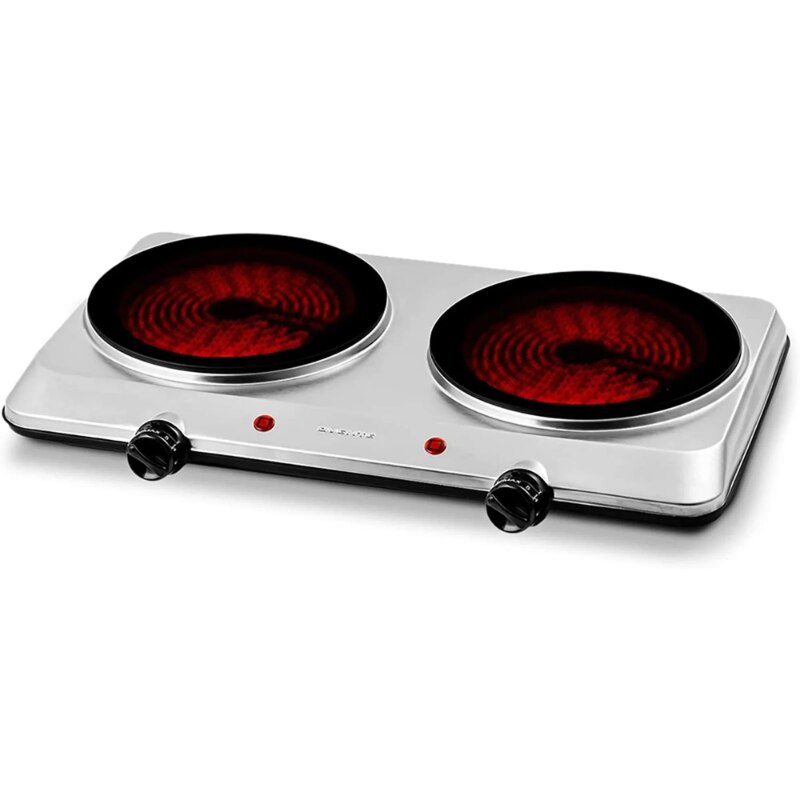 Ovente Electric Double Infrared Burner 7.5 Inch Ceramic Glass Hot Plates Cooktop with 6 Level Temperature Control & Easy Clean