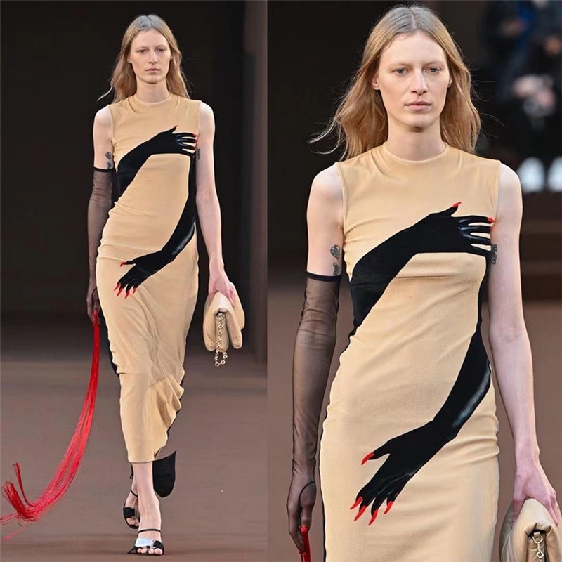 2022 Summer New Women's Fashion Dresses Elegant Round Neck Sleeveless Slim Fit Temperament Contrast Color Buttock Bodycon Dress