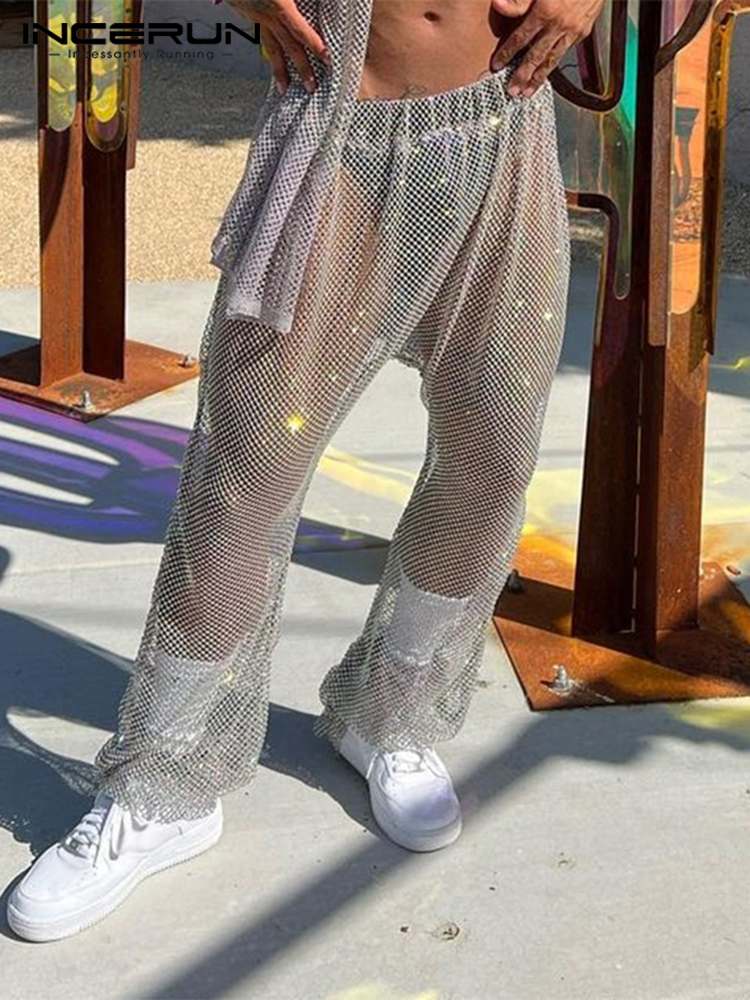 Party Shows Style Long Pants INCERUN New Men's See-through Mesh Pantalons Stylish Hot Sale Shiny Comfortable Trousers S-5XL 2023