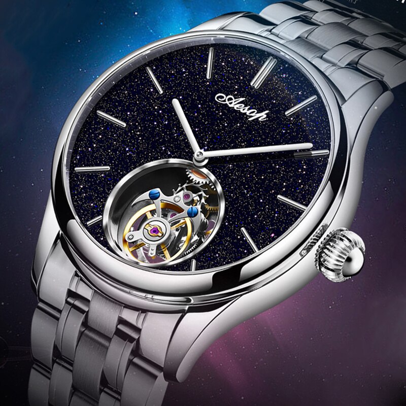 AESOP 100% Real Tourbillon Diamond WristWatch Star Sky Flying Tourbillon Mechanical Watches For Men Sapphire Waterproof Clock
