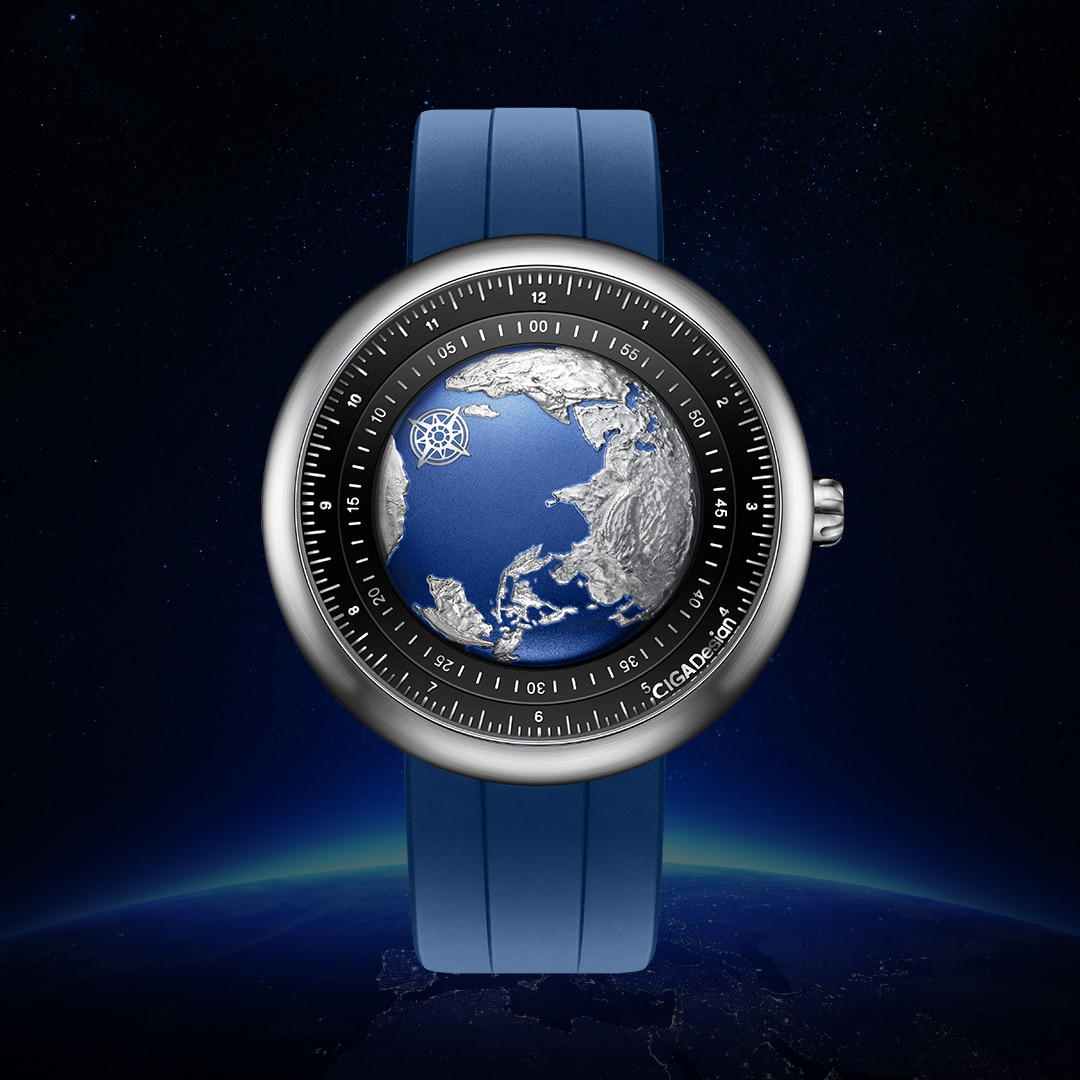 CIGA Design Mechanical Automatic Watch Blue Planet U Series Stainless Steel/Titanium Case Sapphire Crystal Fluororubber Strap