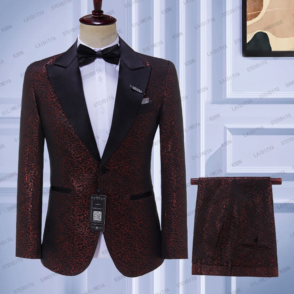 2023 New Arrival Red Black Jacquard Tuxedos Suit For Men Wedding Slim Fit Gentleman Jackets with Pants 2 Pieces Male Costume